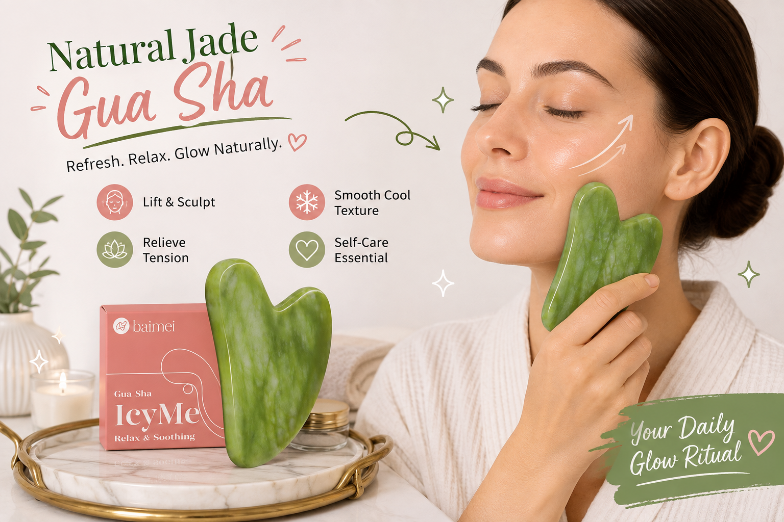 BAIMEI IcyMe stainless steel gua sha displayed beside pink packaging on a skincare vanity while a woman glides the reflective tool upward along her cheek and jawline. Graphic callouts highlight muscle relaxation, tension relief, and a cool smooth finish.