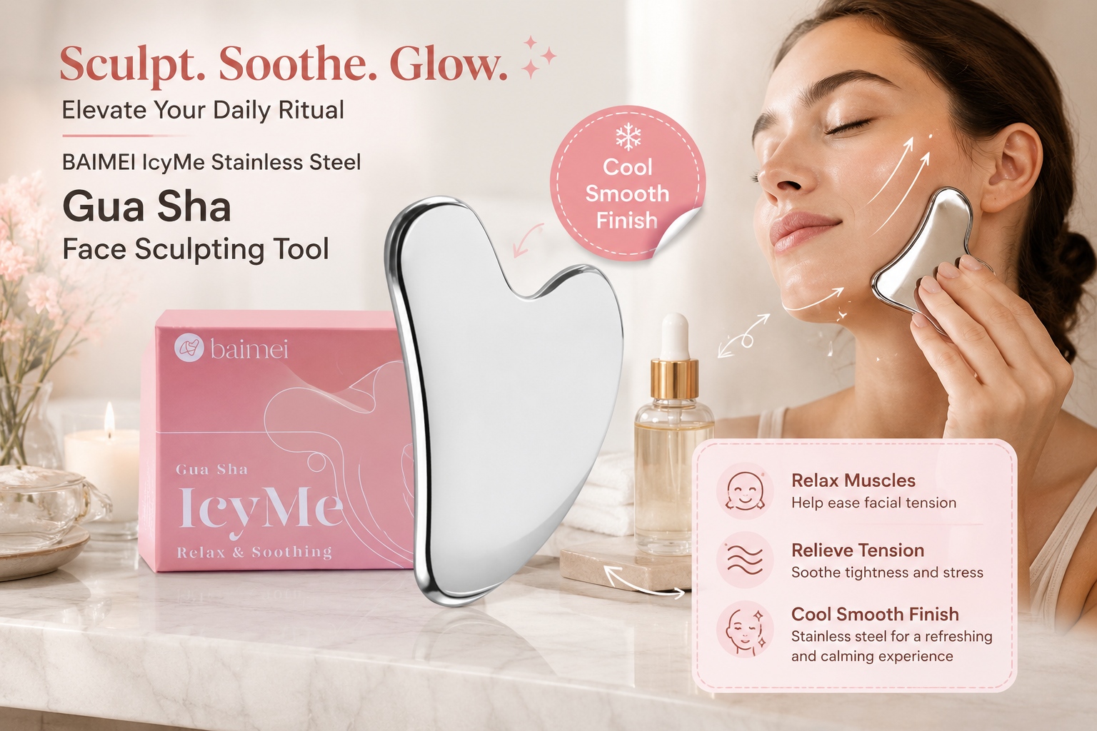 Pink and gray BAIMEI IcyMe exfoliating bath sponges with hanging loops displayed on a wet shower ledge. Playful bubbles and arrows highlight the soft two-pack design, easy grip, rich lather, quick rinse, and everyday shower use.