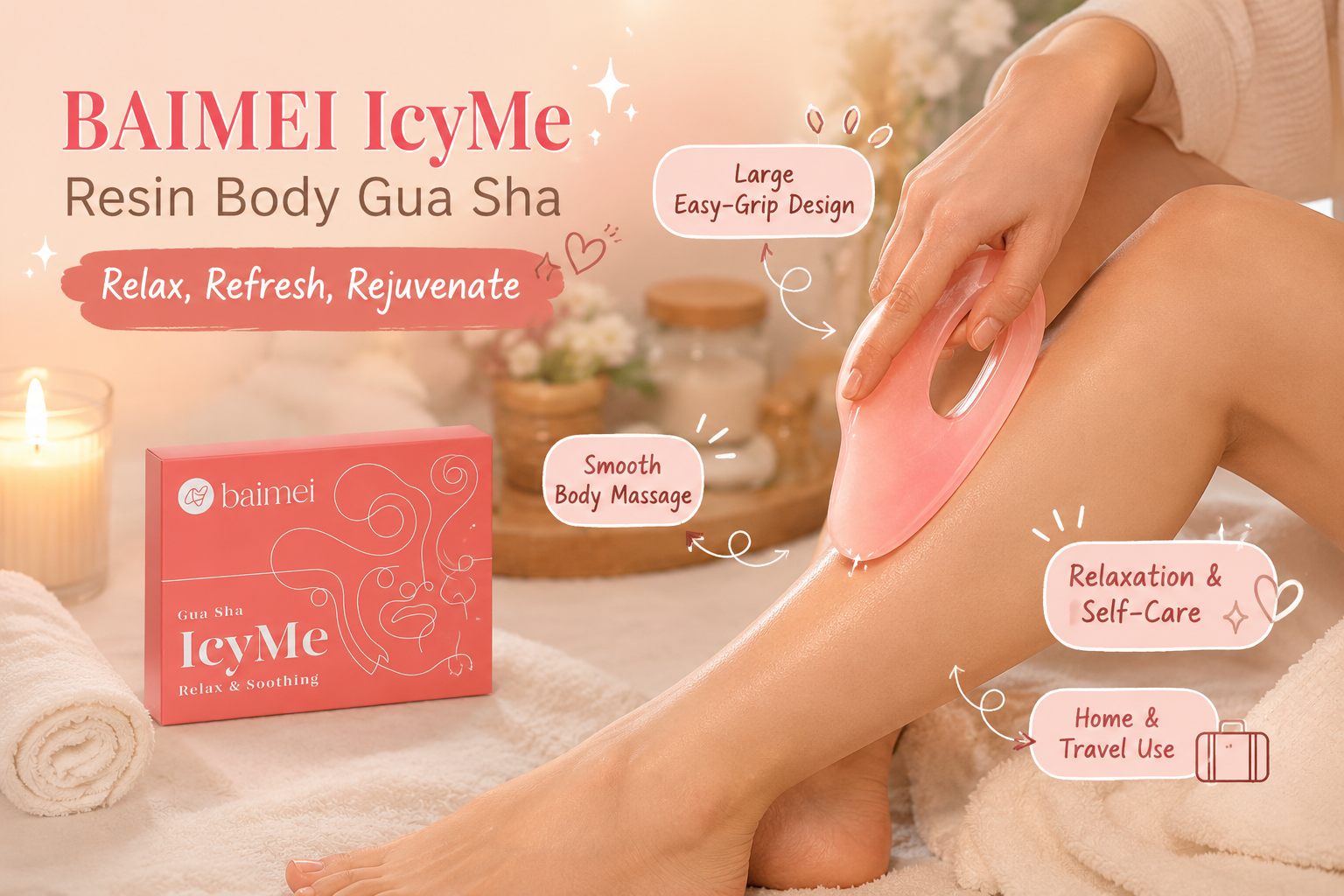Woman using a large pink BAIMEI IcyMe resin body gua sha on her lower leg in a warm home-spa setting with branded packaging, towels, and a candle. Illustrated labels highlight the easy-grip design, smooth body massage, relaxation, and home or travel use.