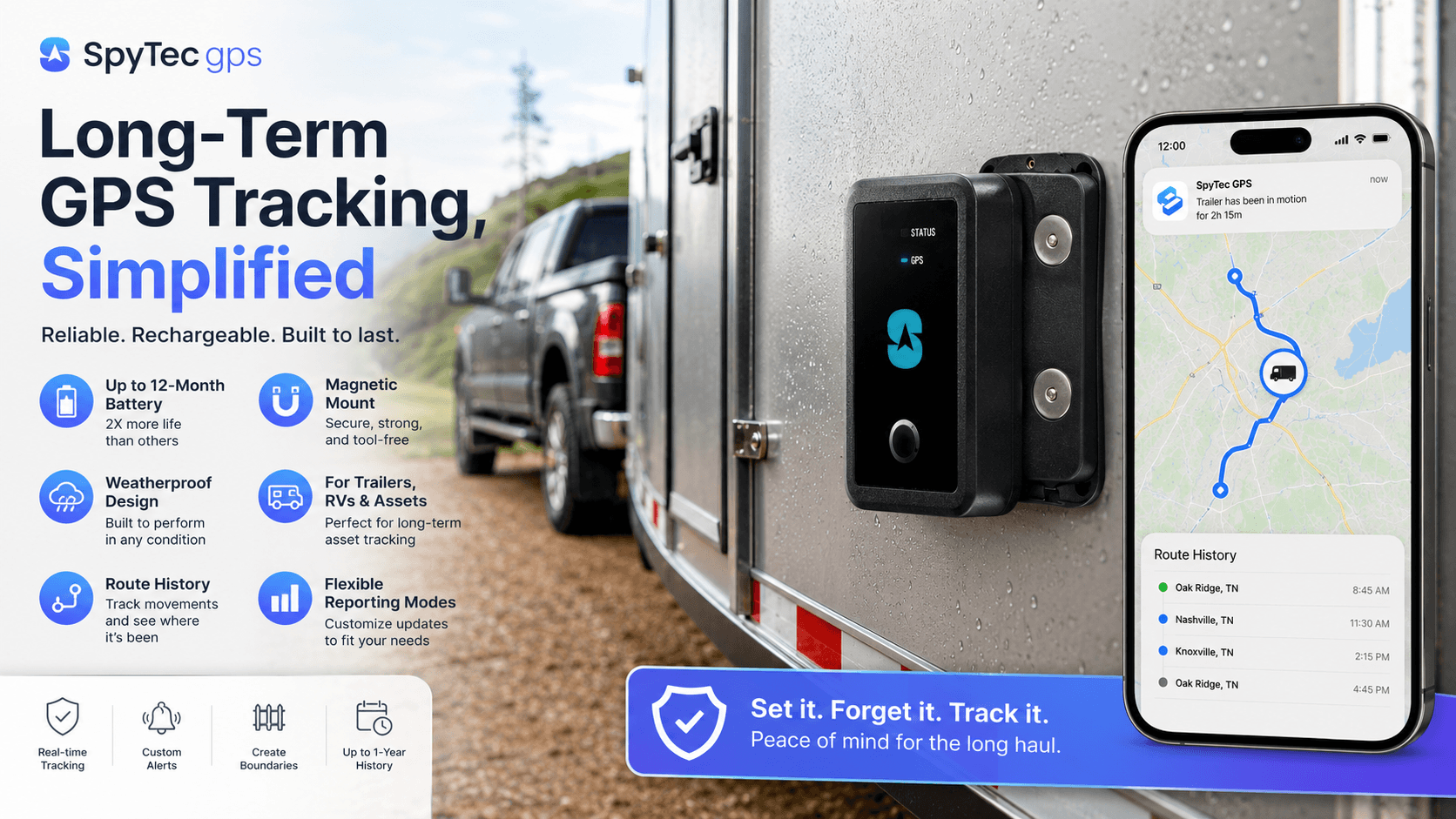 A marketing image for the Spytec GPS OBD tracker, with the large title "Plug In. Track Instantly." and subtitle "The smart, simple way to protect what drives you." The image shows a black OBD GPS tracker plugged into a car's OBD port under the driver's seat, with an arrow and handwritten text saying "Plug In in Seconds!". Floating next to it is a smartphone displaying a detailed "Hapn" app map interface, geofences, and real-time notifications (like "John's Truck left boundary"). Features are listed on the left (Easy Installation, Fast Updates, Fleet Monitoring, etc.), and descriptions of "Live Tracking," "Vehicle-Powered Design," and "Anti-Theft Protection" are on the right. A blue shield with a lock is at the bottom with the text "Protect What Matters."