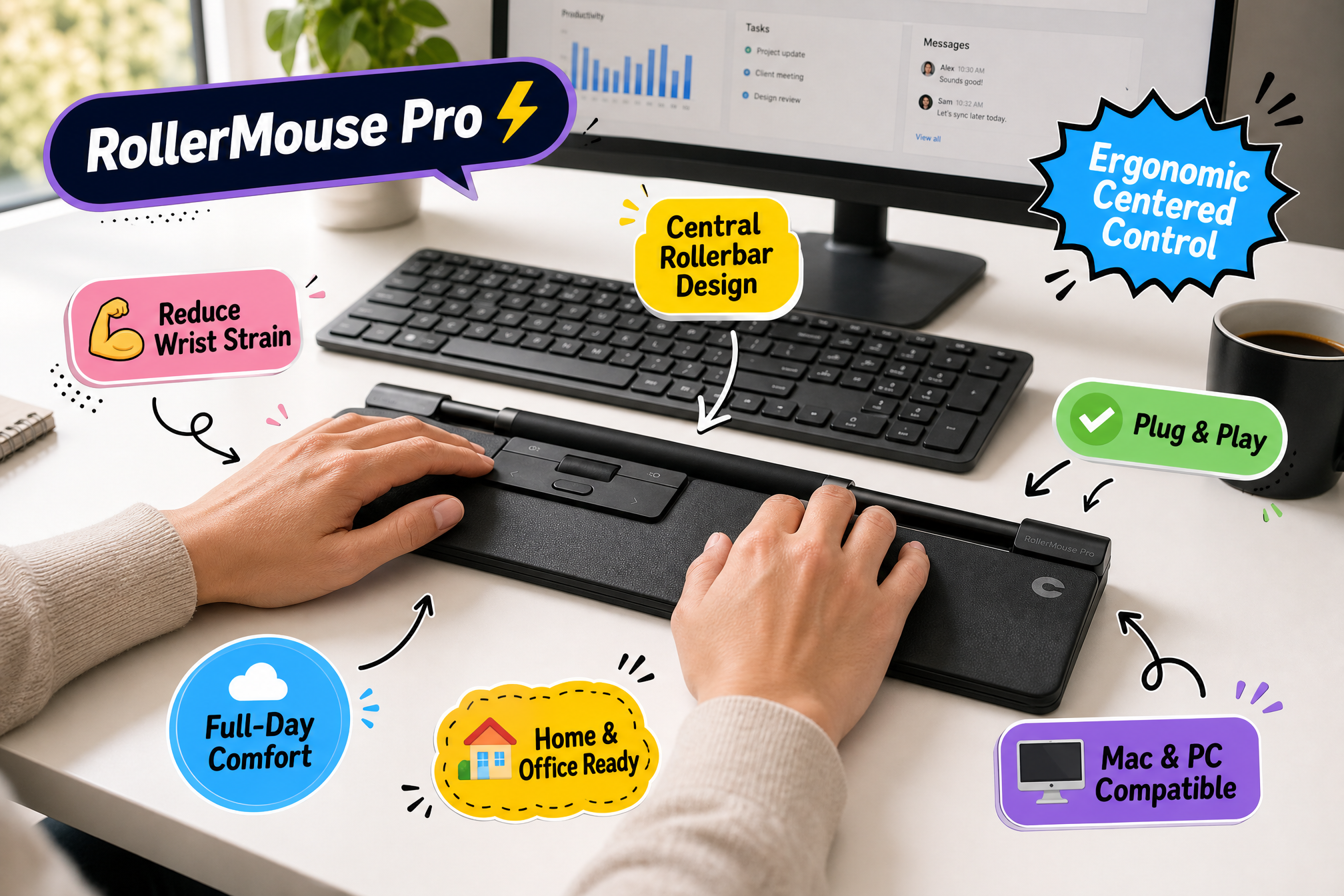 A sleek black Contour RollerMouse Pro positioned in front of a keyboard on a white desk, with cartoon callouts highlighting features like 'Reduce Wrist Strain' and 'Central Rollerbar Design'.