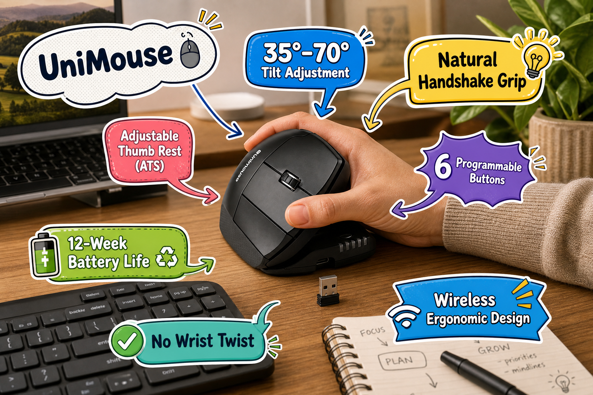 A woman's hand is gripping the black, adjustably tilted Contour UniMouse, which has various colourful cartoon speech bubbles and callouts highlighting its features on a wooden desk.