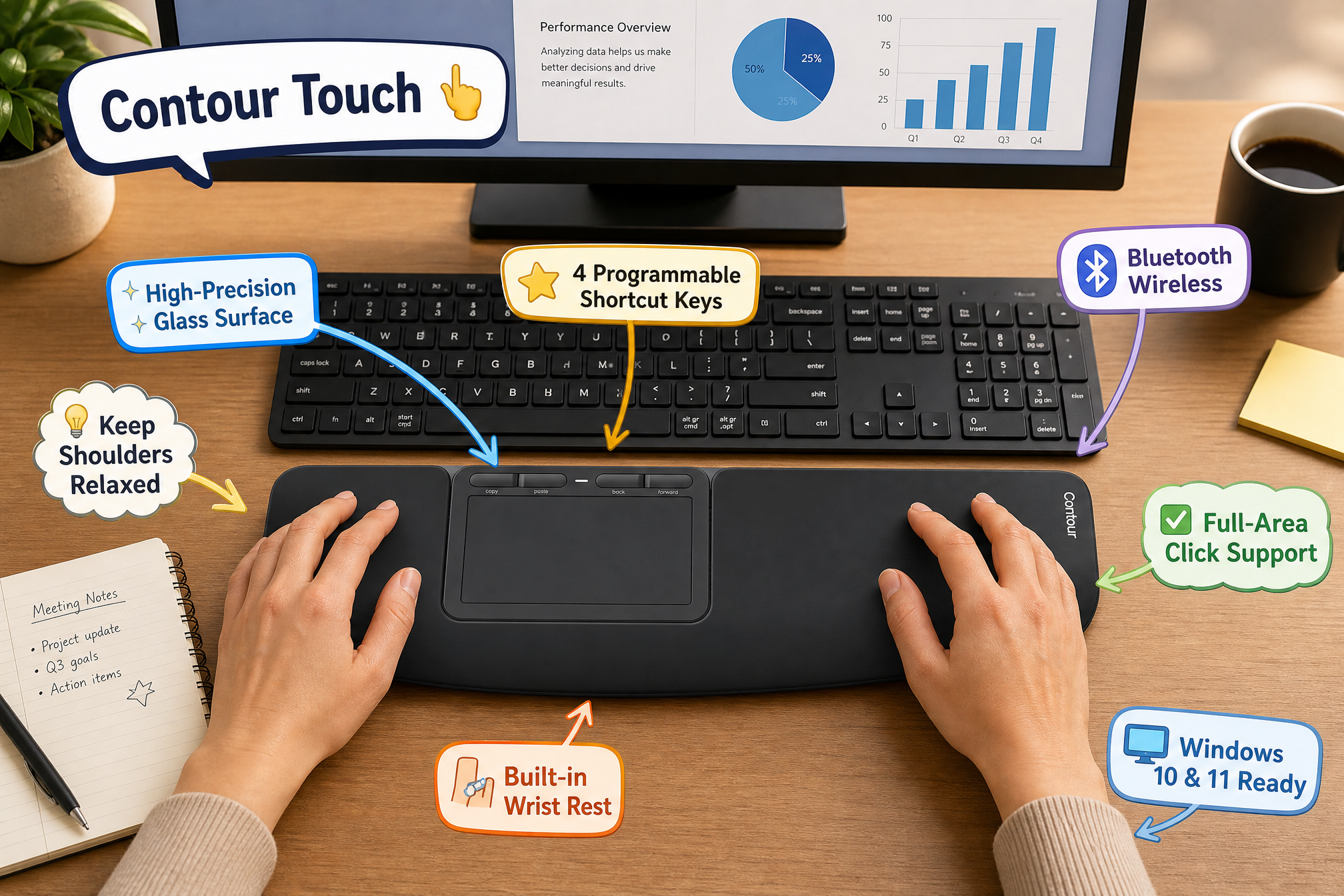 Over-the-shoulder view of a person using the Contour Touch touchpad in an office setup with a dual-monitor displaying bar charts and colorful callouts highlighting features.