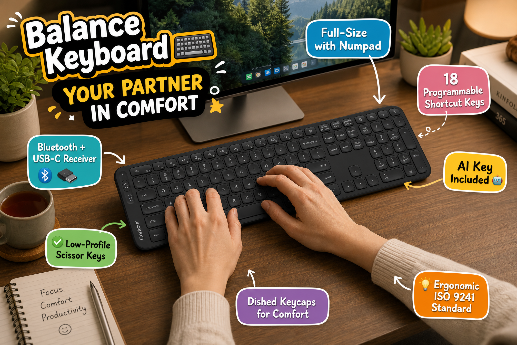 A person's hands typing on the black Balance Keyboard by Contour, which features colorful cartoon callouts pointing to keys like '18 Programmable Shortcut Keys' and 'AI Key Included'.