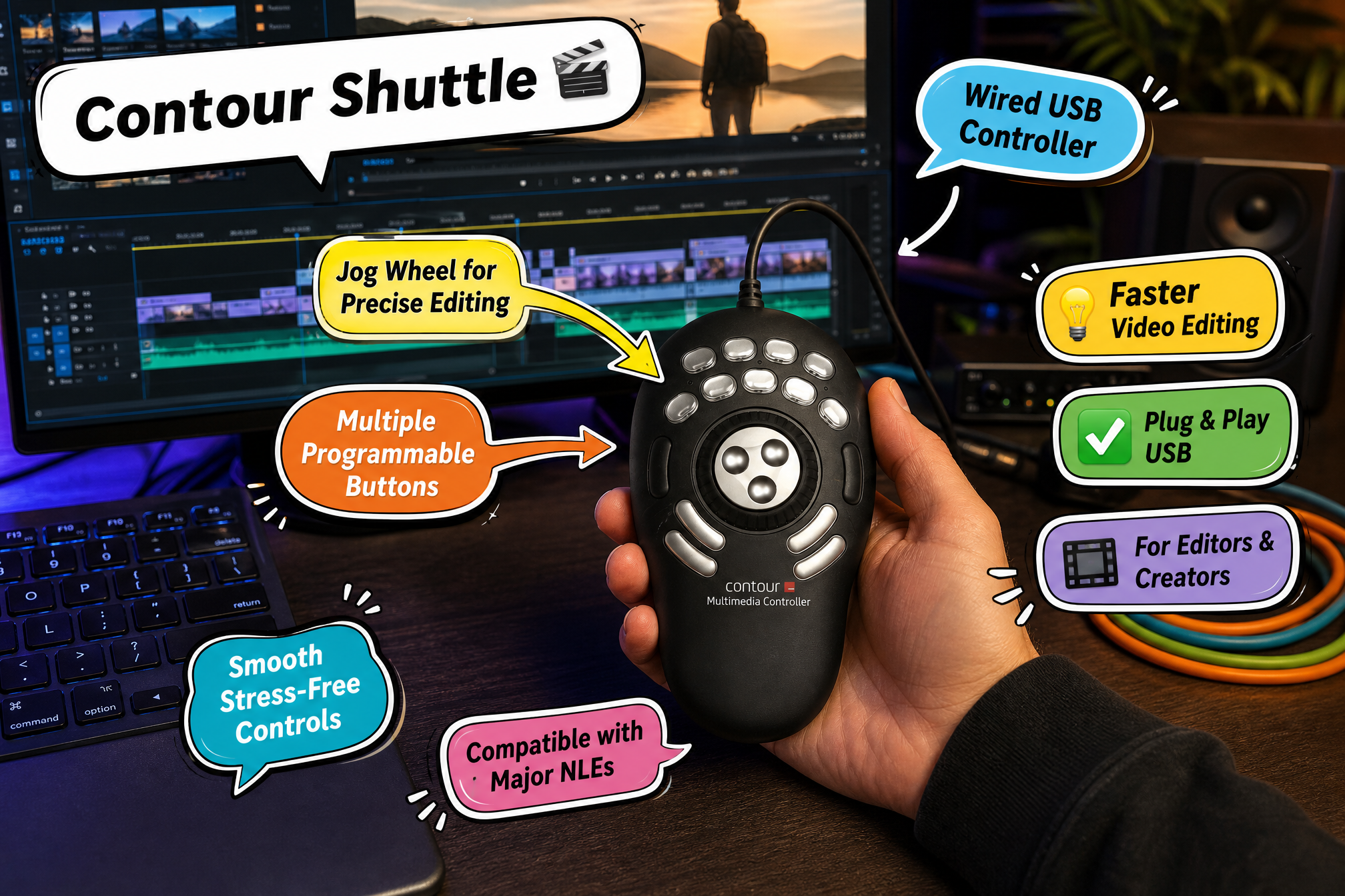 A person's hand holding the black, rounded Contour Shuttle Multimedia Controller, which features colourful speech bubbles and callouts indicating 'Jog Wheel for Precise Editing' and 'Faster Video Editing'.