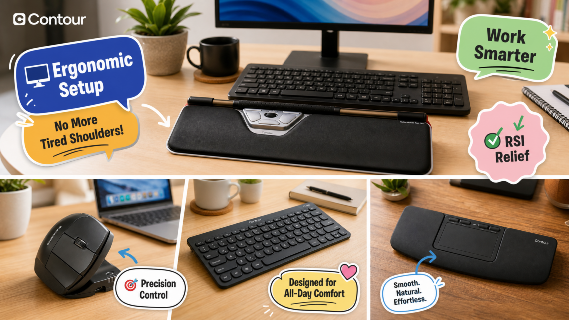 A composite of four product photos with colorful cartoon callouts: the RollerMouse, UniMouse, Balance Keyboard, and Contour Touch, each on a desk setting.