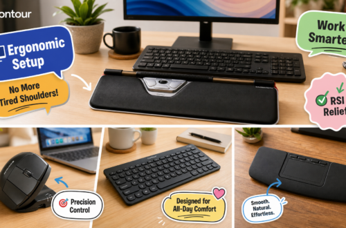 A composite of four product photos with colorful cartoon callouts: the RollerMouse, UniMouse, Balance Keyboard, and Contour Touch, each on a desk setting.