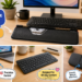 A composite of four product photos with colorful cartoon callouts: the RollerMouse, UniMouse, Balance Keyboard, and Contour Touch, each on a desk setting.