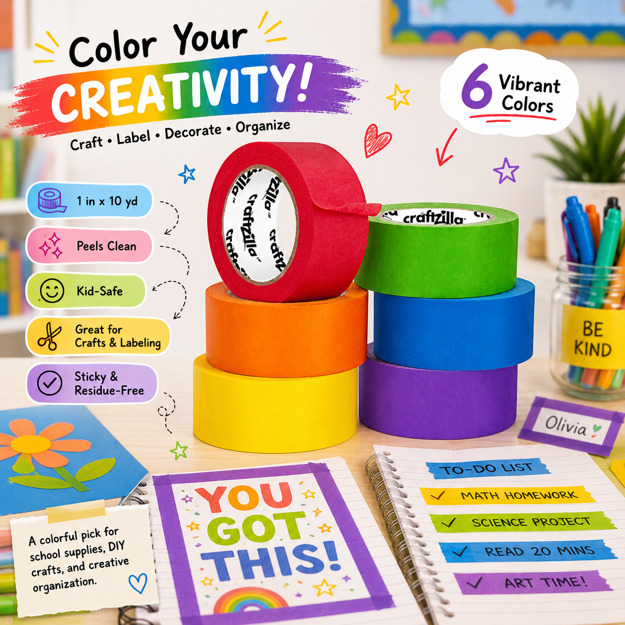 Craftzilla six-color masking tape set on a bright craft desk with red, orange, yellow, green, blue, and purple rolls, surrounded by notebooks and DIY supplies, highlighting 1 in x 10 yd size, clean removal, kid-friendly use, crafts, labeling, and organization.