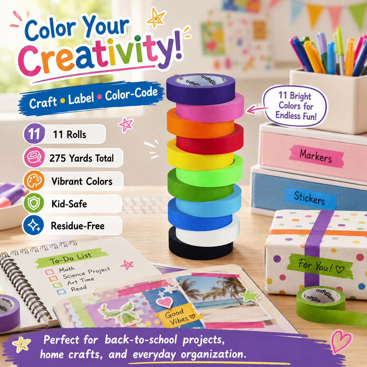 Craftzilla 11-roll colored masking tape set stacked on a bright craft table with scrapbook pages, gift wrapping, labeled organizers, and DIY projects, highlighting 275 total yards, vibrant colors, kid-friendly use, residue-free removal, crafting, labeling, and color-coding.