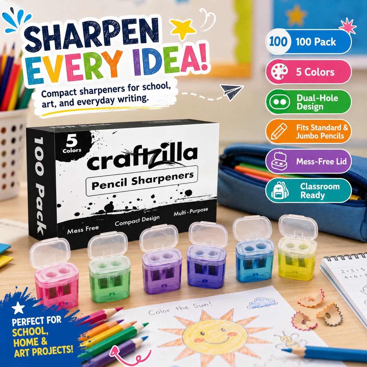 Craftzilla 100-pack dual-hole manual pencil sharpeners displayed on a classroom desk with the black-and-white product box, colorful sharpeners, pencils, drawing paper, and a pencil case, highlighting five colors, mess-free lids, and compatibility with standard and jumbo pencils.