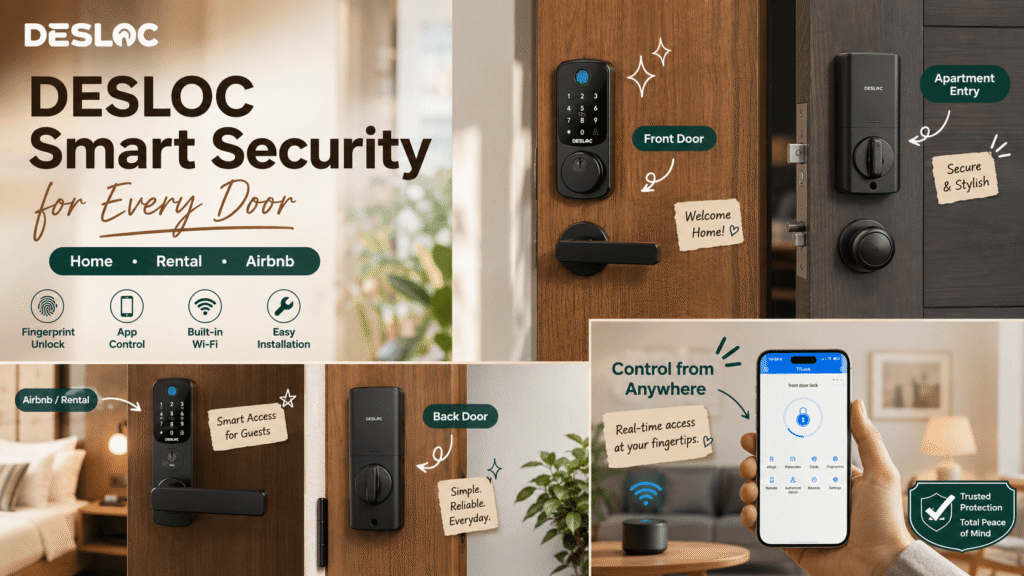 A composite marketing image showing different use cases for DESLOC smart locks. Scenes include "Airbnb / Rental" on a bedroom door with a note "Smart Access for Guests," "Apartment Entry" with a note "Secure & Stylish," "Back Door" with a note "Simple. Reliable. Everyday." Bottom right section shows "Control from Anywhere" with a phone and a gateway, featuring text "Real-time access at your fingertips."
