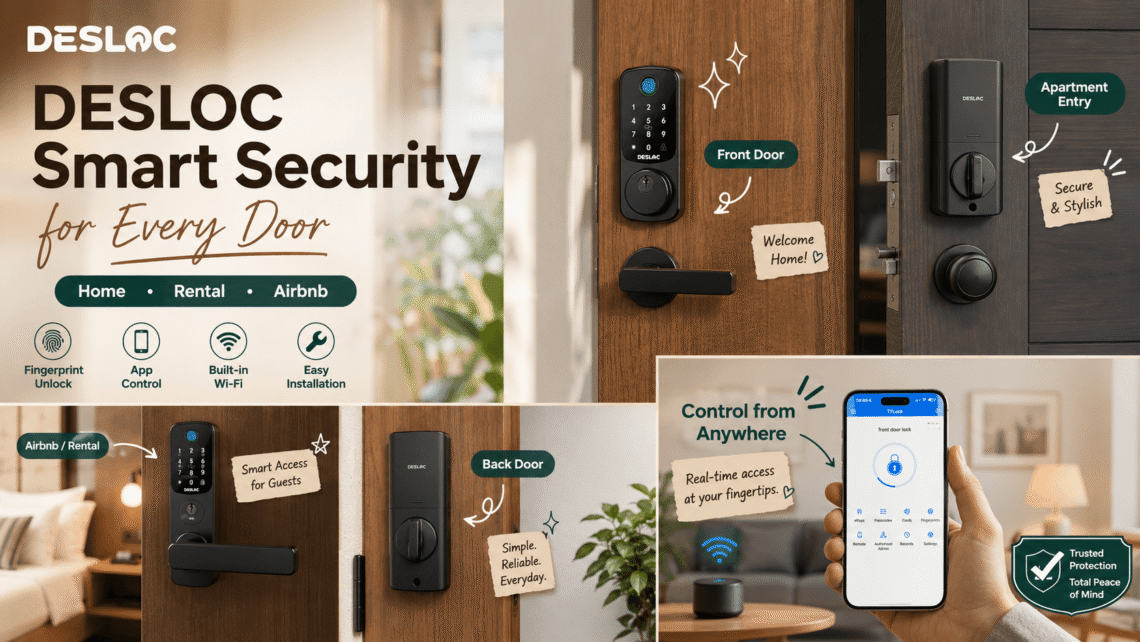 A composite marketing image showing different use cases for DESLOC smart locks. Scenes include "Airbnb / Rental" on a bedroom door with a note "Smart Access for Guests," "Apartment Entry" with a note "Secure & Stylish," "Back Door" with a note "Simple. Reliable. Everyday." Bottom right section shows "Control from Anywhere" with a phone and a gateway, featuring text "Real-time access at your fingertips."