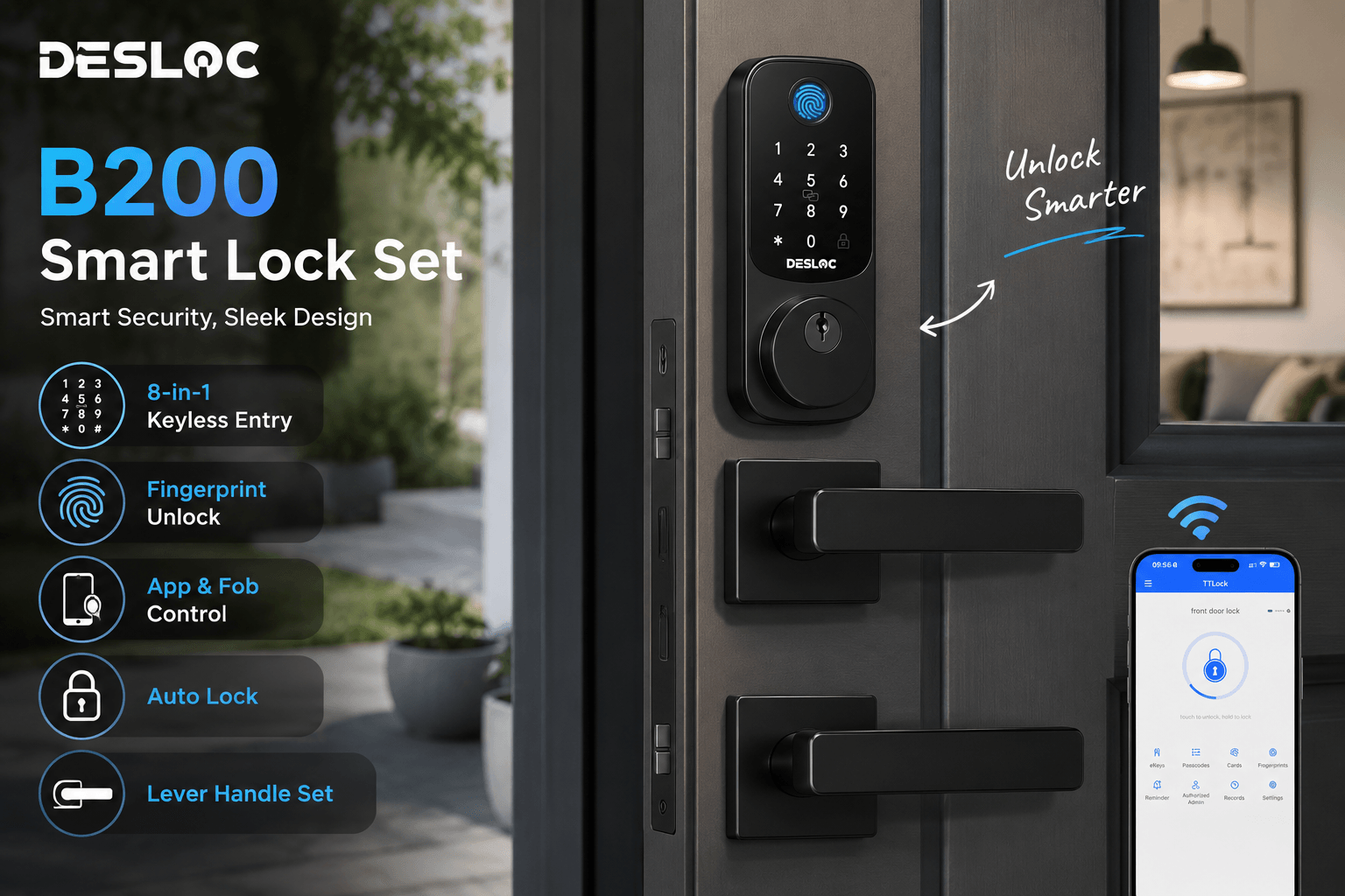 A marketing image for the DESLOC B200 Smart Lock Set on a dark wood door, featuring a keypad, keyhole, and matching black lever handle. Features listed on the left are 8-in-1 Keyless Entry, Fingerprint Unlock, App & Fob Control, Auto Lock, and Lever Handle Set. A hand-drawn arrow points to the lock with the phrase "Unlock Smarter." A smartphone in the bottom right corner with a Wi-Fi icon shows the TTLock app control.