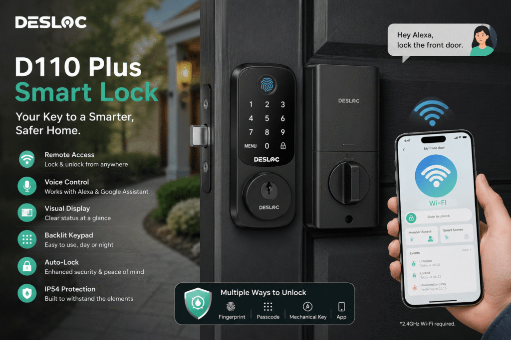 A marketing image for the DESLOC D110 Plus Smart Lock on a dark door, showing the outdoor and indoor units. Feature list on the left includes Remote Access, Voice Control, Visual Display, Backlit Keypad, Auto-Lock, and IP54 Protection. A cartoon female figure (Alexa) is in a speech bubble saying "Hey Alexa, lock the front door." A hand holds a smartphone showing app control via Wi-Fi. A thought bubble details multiple ways to unlock: Fingerprint, Passcode, Mechanical Key, App.