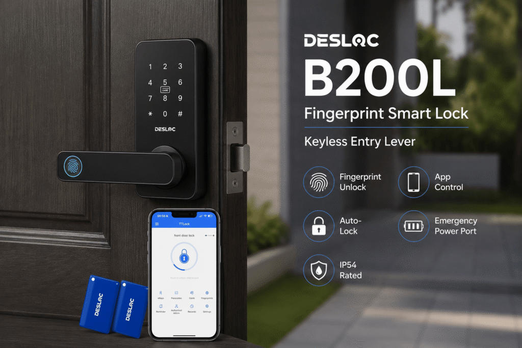 A marketing image for the DESLOC B200L Fingerprint Smart Lock lever handle installed on a dark door, showing the keypad and integrated fingerprint sensor on the handle. Listed features on the right: Fingerprint Unlock, App Control, Auto-Lock, Emergency Power Port, and IP54 Rated. A smartphone displaying the app is at the bottom, next to two blue key fobs. The lock set is in focus with a blurred home exterior in the background.