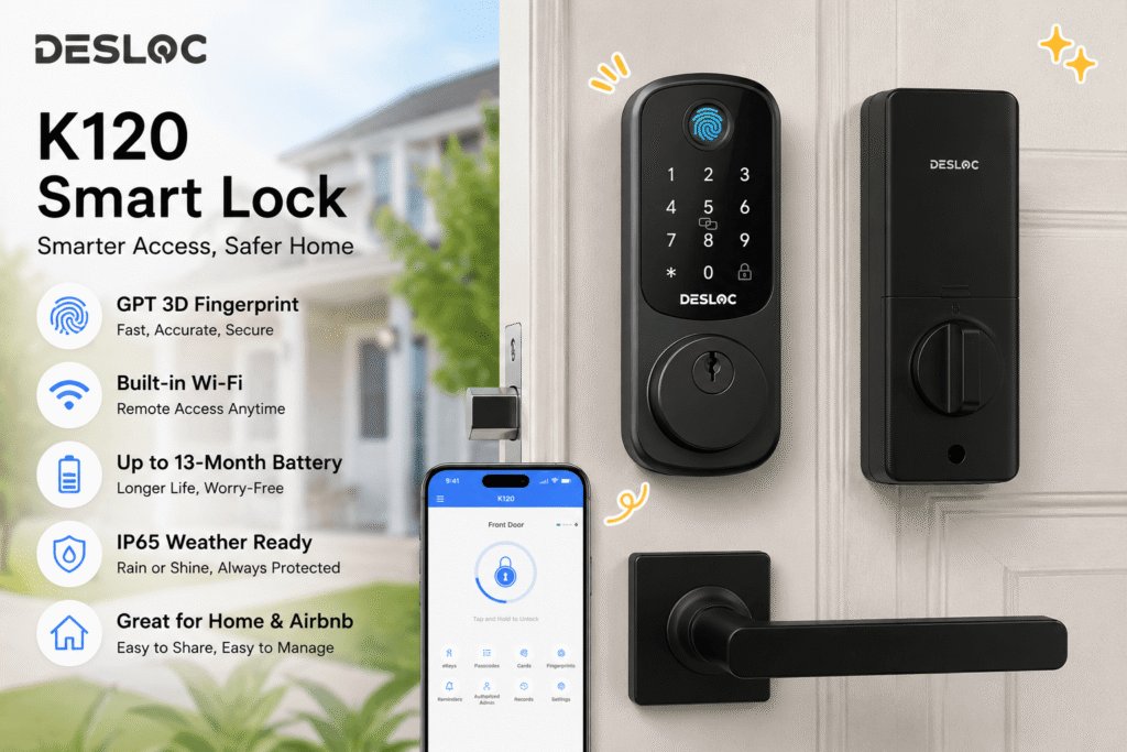 A marketing image for the DESLOC K120 Smart Lock on a white door with a black handle. Feature descriptions on the left include GPT 3D Fingerprint, Built-in Wi-Fi, Up to 13-Month Battery, IP65 Weather Ready, and Great for Home & Airbnb. A hand-drawn star is above the interior lock unit. A hand below holds a smartphone displaying the app.