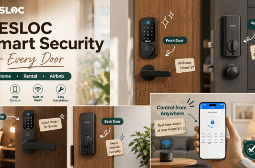 A composite marketing image showing different use cases for DESLOC smart locks. Scenes include "Airbnb / Rental" on a bedroom door with a note "Smart Access for Guests," "Apartment Entry" with a note "Secure & Stylish," "Back Door" with a note "Simple. Reliable. Everyday." Bottom right section shows "Control from Anywhere" with a phone and a gateway, featuring text "Real-time access at your fingertips."