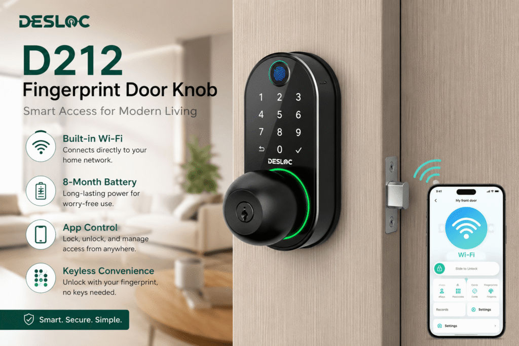 A marketing image for the DESLOC D212 Fingerprint Door Knob, which is a round, cylindrical knob with a keypad and fingerprint sensor. The knob is installed on a light wood door. Feature list on the left includes Built-in Wi-Fi, 8-Month Battery, App Control, and Keyless Convenience. A phone in the bottom right corner with a Wi-Fi icon shows the app control with a Wi-Fi signal connecting it to the knob.