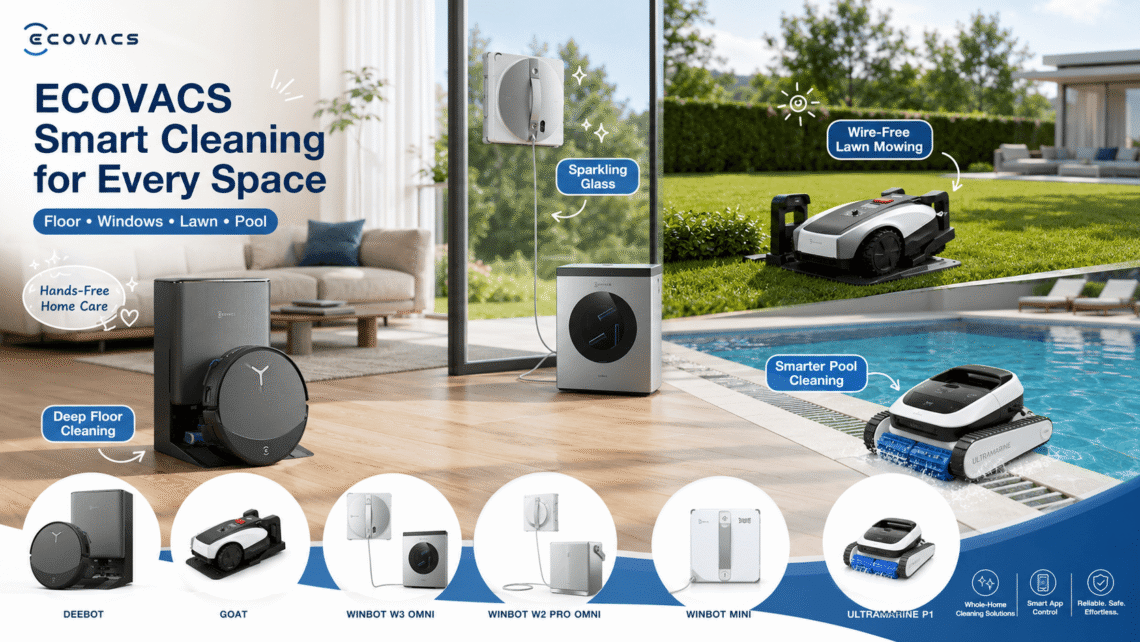 Advertisement compilation for ECOVACS Whole-Home Smart Cleaning Solutions, with the headline "ECOVACS Smart Cleaning for Every Space." The scene showcases four flagship products and their cleaning functions indoors and outdoors: DEEBOT Deep Floor Cleaning, WINBOT Sparkling Glass, GOAT Wire-Free Lawn Mowing, and Ultramarine Smarter Pool Cleaning. The bottom list displays six specific products: DEEBOT, GOAT, WINBOT W3 Omni, WINBOT W2 PRO Omni, WINBOT MINI, ULTRAMARINE P1. Bottom right icons emphasize Whole-Home Cleaning Solutions, Smart App Control, and Reliable Safe Effortless features.
