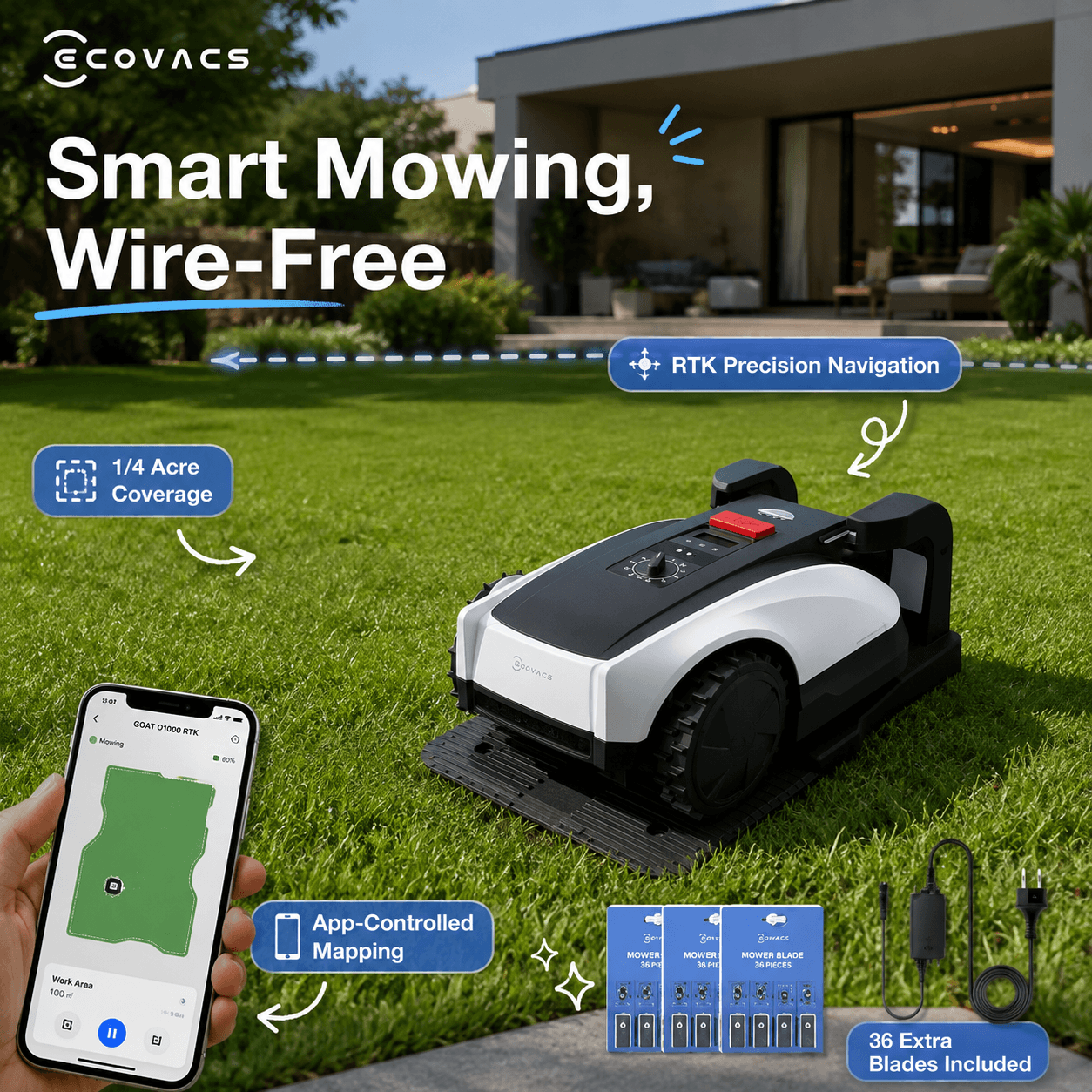 Advertisement for the ECOVACS GOAT G1 robotic lawn mower, with the headline "Smart Mowing, Wire-Free." The image shows the mower working on a green lawn outside a modern home. It highlights four key features: 1/4 Acre Coverage, RTK Precision Navigation, App-Controlled Mapping, and 36 Extra Blades Included. The foreground features a hand holding a smartphone App and images of the blade accessories.