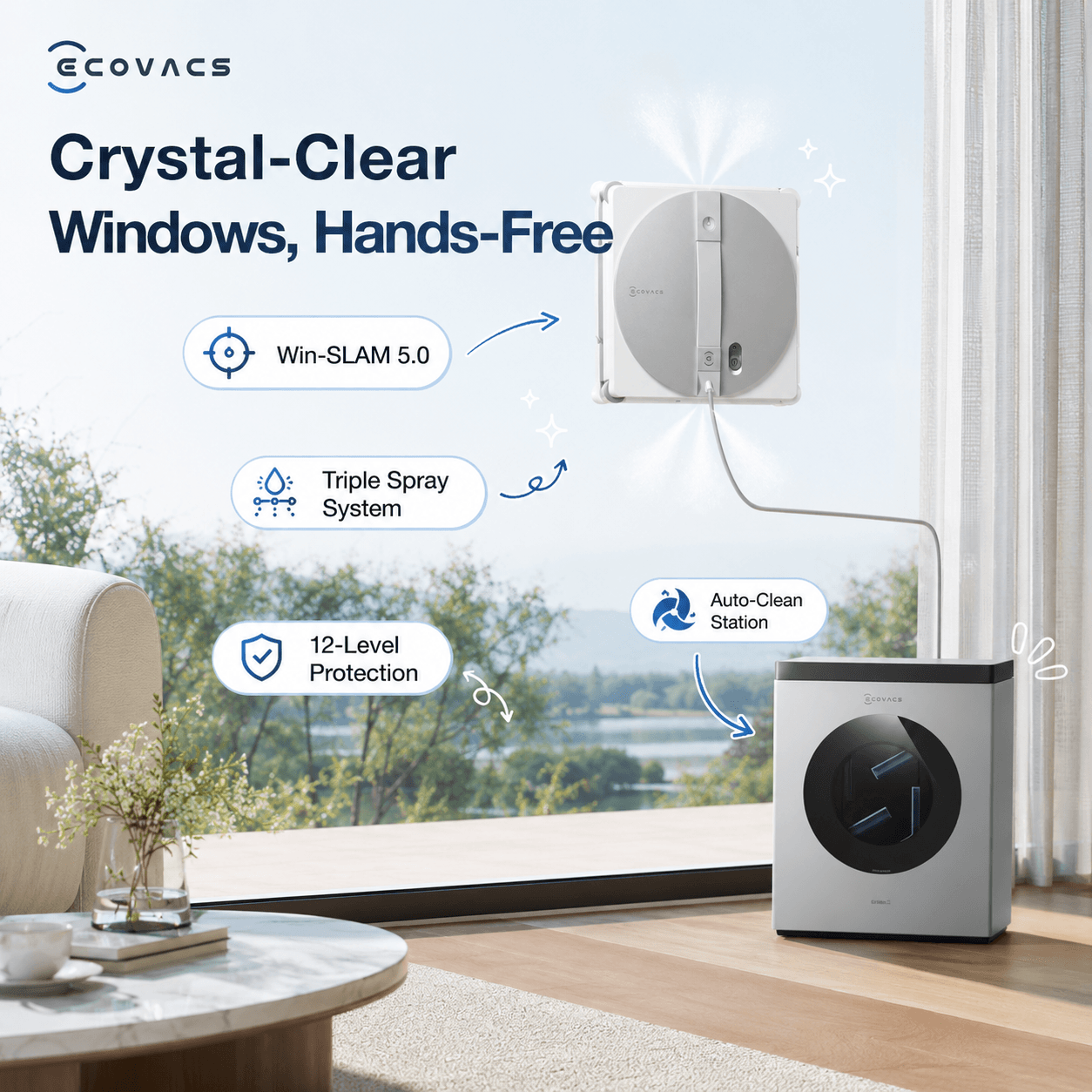 Advertisement for the ECOVACS WINBOT W3 Omni window cleaning robot, with the headline "Crystal-Clear Windows, Hands-Free." The image shows the robot attached to a floor-to-ceiling window in a living room overlooking a lake view, with the base station on the floor. It highlights four key features: Win-SLAM 5.0 path planning, Triple Spray System, 12-Level Protection, and Auto-Clean Station.