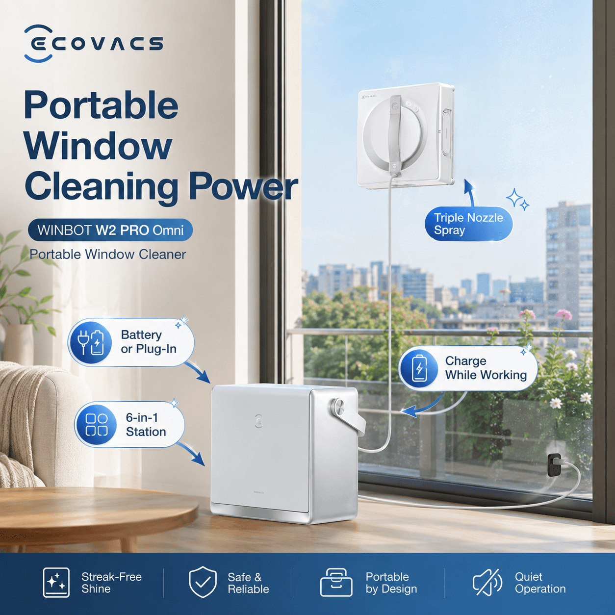 Advertisement for the ECOVACS WINBOT W2 PRO Omni portable window cleaning robot, with the headline "Portable Window Cleaning Power." The image shows the robot cleaning an urban apartment balcony window, with the base station plugged in inside the living room. It highlights four key features: Battery or Plug-In power, 6-in-1 Station, Triple Nozzle Spray, and Charge While Working. Bottom icons emphasize Streak-Free Shine, Safe & Reliable, Portable by Design, and Quiet Operation.