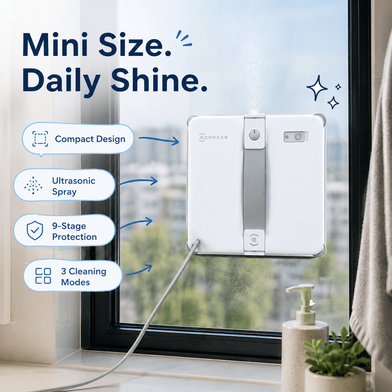 Advertisement for the ECOVACS WINBOT Mini window cleaning robot, with the headline "Mini Size. Daily Shine." The image shows the robot cleaning a bathroom floor-to-ceiling window, facing a city and green trees. It highlights four key features: Compact Design, Ultrasonic Spray, 9-Stage Protection, and 3