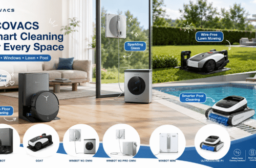 Advertisement compilation for ECOVACS Whole-Home Smart Cleaning Solutions, with the headline "ECOVACS Smart Cleaning for Every Space." The scene showcases four flagship products and their cleaning functions indoors and outdoors: DEEBOT Deep Floor Cleaning, WINBOT Sparkling Glass, GOAT Wire-Free Lawn Mowing, and Ultramarine Smarter Pool Cleaning. The bottom list displays six specific products: DEEBOT, GOAT, WINBOT W3 Omni, WINBOT W2 PRO Omni, WINBOT MINI, ULTRAMARINE P1. Bottom right icons emphasize Whole-Home Cleaning Solutions, Smart App Control, and Reliable Safe Effortless features.