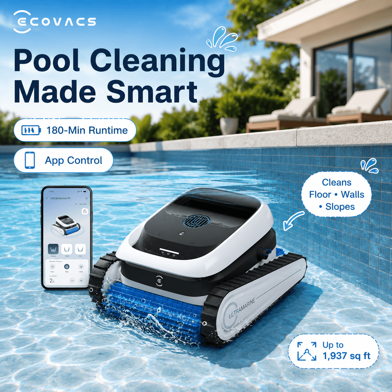 Advertisement for the ECOVACS Ultramarine P1 robotic pool cleaner, with the headline "Pool Cleaning Made Smart." The image shows the cleaner working in a pool outside a luxury villa. It highlights three key features: 180-Min Runtime, App Control, and Coverage Up to 1,937 sq ft, cleaning Floor, Walls, and Slopes. The foreground displays the robot and a smartphone showing the App.