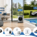 Advertisement compilation for ECOVACS Whole-Home Smart Cleaning Solutions, with the headline "ECOVACS Smart Cleaning for Every Space." The scene showcases four flagship products and their cleaning functions indoors and outdoors: DEEBOT Deep Floor Cleaning, WINBOT Sparkling Glass, GOAT Wire-Free Lawn Mowing, and Ultramarine Smarter Pool Cleaning. The bottom list displays six specific products: DEEBOT, GOAT, WINBOT W3 Omni, WINBOT W2 PRO Omni, WINBOT MINI, ULTRAMARINE P1. Bottom right icons emphasize Whole-Home Cleaning Solutions, Smart App Control, and Reliable Safe Effortless features.