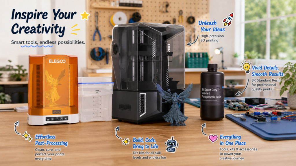 ELEGOO brand banner showcasing an organized maker studio setup with Saturn 4 Ultra 3D printer, wash and cure station, 8K resin bottle, detailed printed figure, and UNO circuit components.