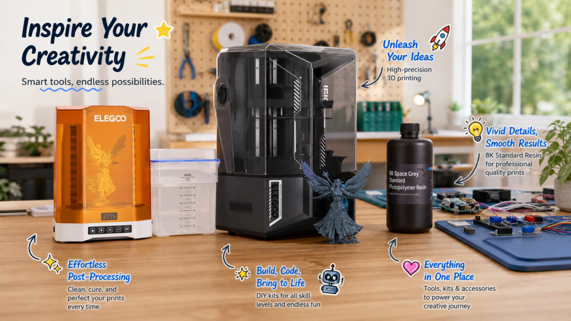 ELEGOO brand banner showcasing an organized maker studio setup with Saturn 4 Ultra 3D printer, wash and cure station, 8K resin bottle, detailed printed figure, and UNO circuit components.