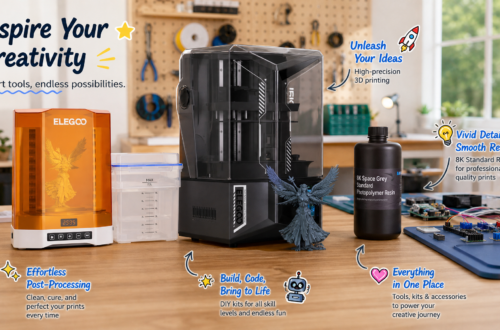 ELEGOO brand banner showcasing an organized maker studio setup with Saturn 4 Ultra 3D printer, wash and cure station, 8K resin bottle, detailed printed figure, and UNO circuit components.