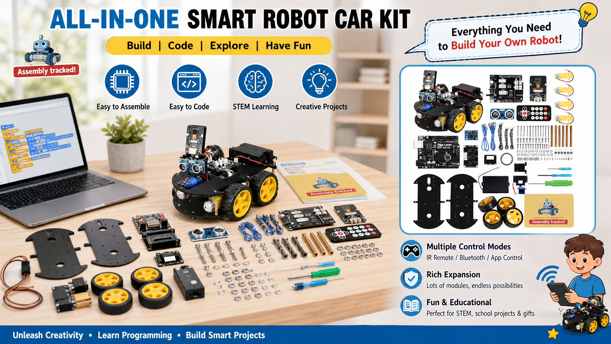 ELEGOO All-in-One Smart Robot Car Kit V4 setup featuring the assembled camera robot car, laptop displaying block-based coding software, arrayed hardware components, and remote controls.