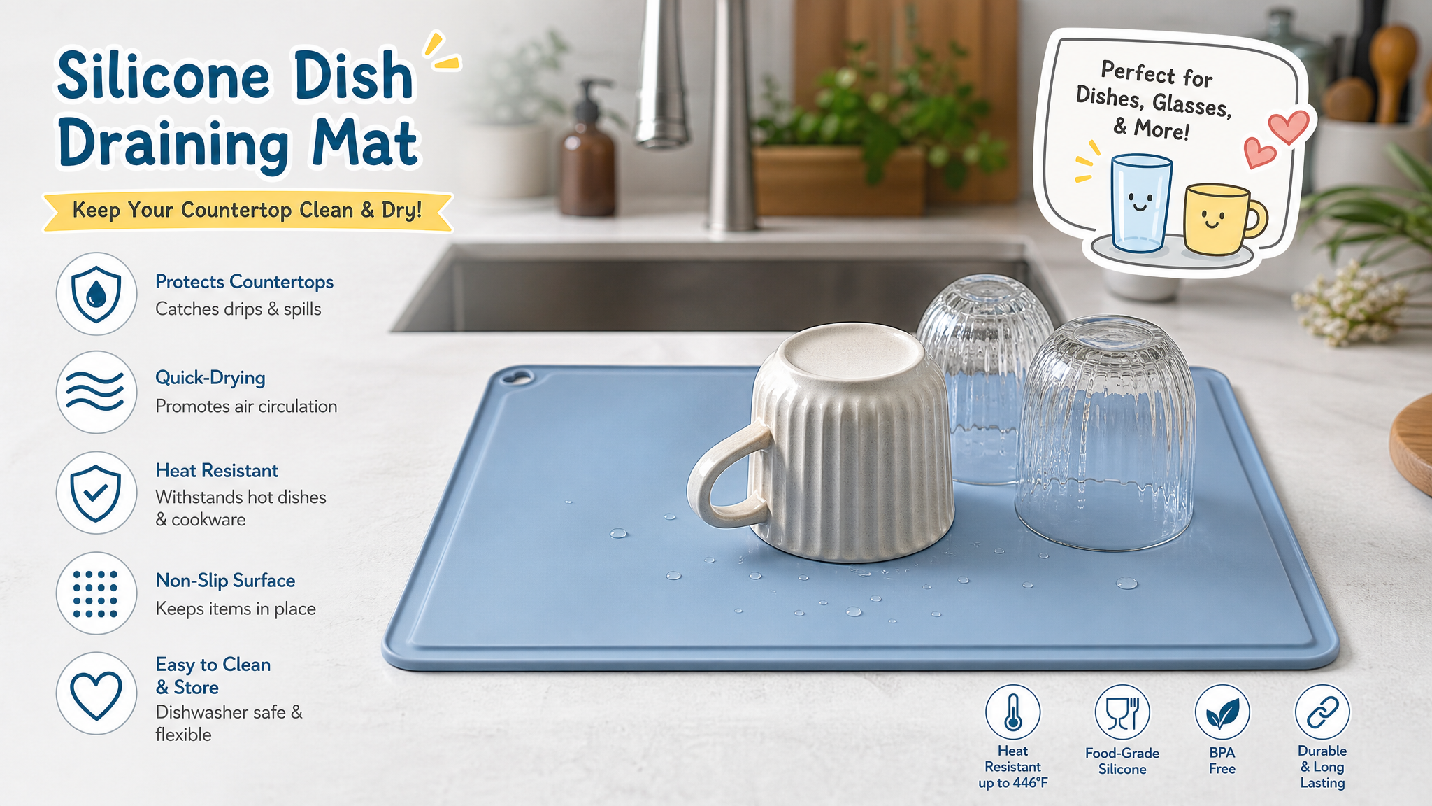 Light blue ELEGOO Silicone Dish Draining Mat on a kitchen counter with upside-down cups, emphasizing waterproof protection, heat resistance, non-slip surface, and easy maintenance.