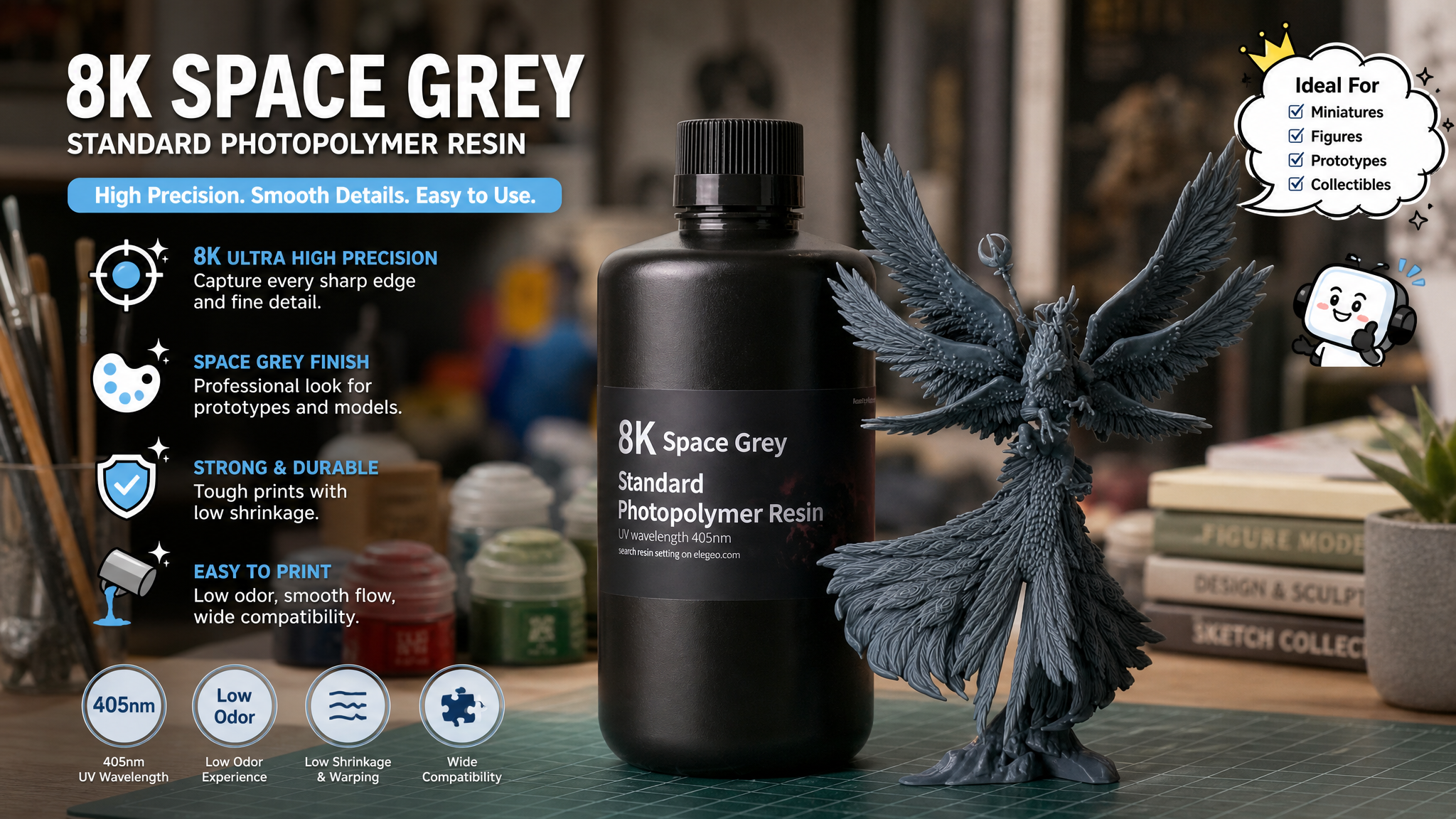 ELEGOO 8K Space Grey Standard Photopolymer Resin promotional banner featuring a black resin bottle alongside a highly detailed 3D printed feathered figure, highlighting high precision, low odor, and durability features.
