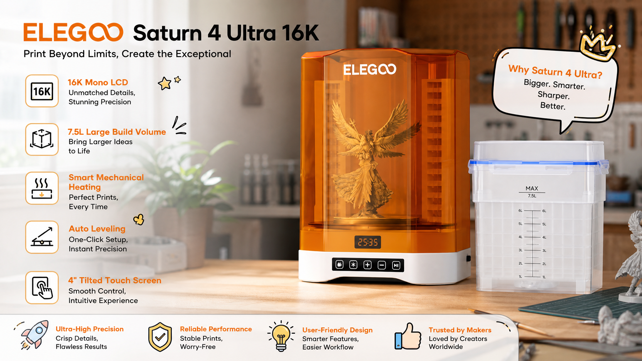 ELEGOO Saturn 4 Ultra 16K 3D printer displayed alongside a 7.5L large washing and curing station, highlighting auto-leveling, smart heating, and a 4-inch tilted touchscreen.