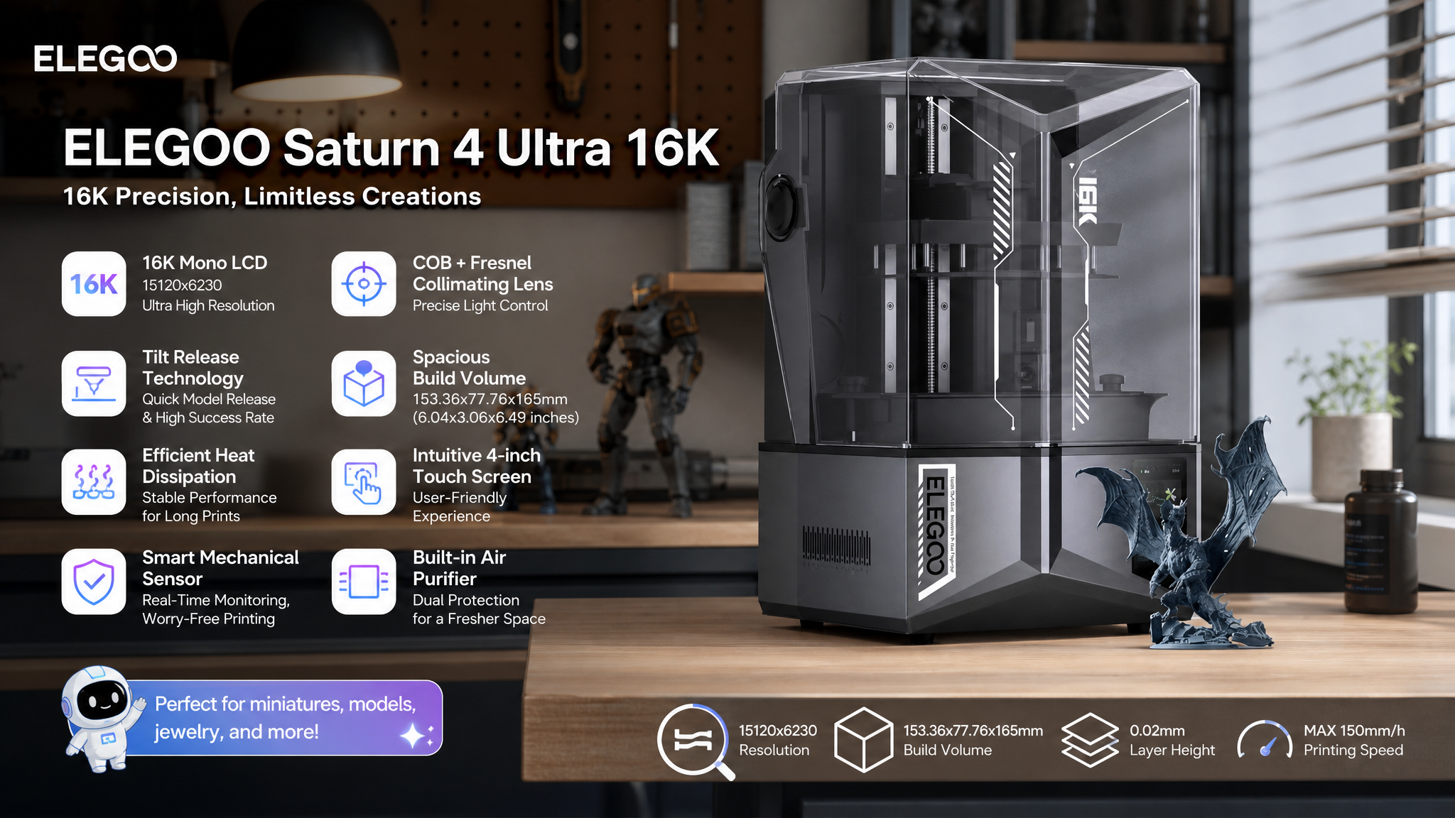 ELEGOO Saturn 4 Ultra 16K Resin 3D Printer product graphic showing the printer, a detailed 3D printed dragon model, and key specs like 16K Mono LCD, tilt release technology, and built-in air purifier.