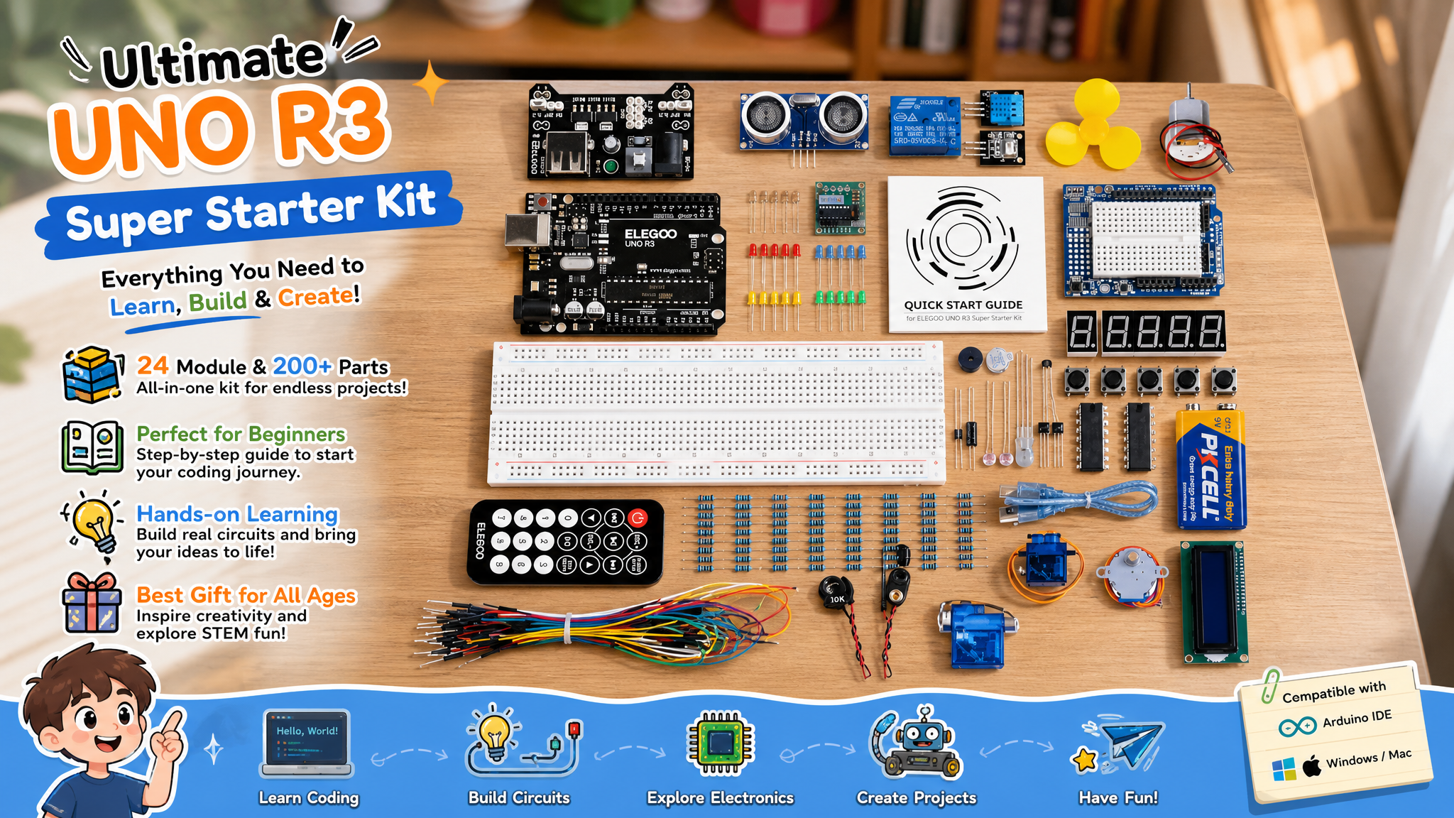 Top-down view of the ELEGOO Ultimate UNO R3 Super Starter Kit components arrayed on a desk, including the development board, breadboard, sensors, modules, wiring, and battery for STEM learning.