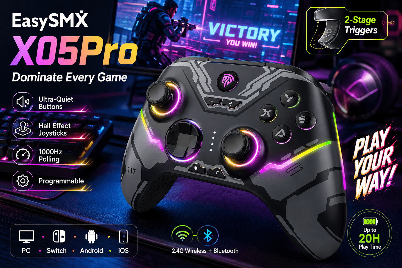 EasySMX X05Pro wireless gaming controller with colorful RGB lighting in a neon gaming setup, highlighting ultra-quiet buttons, Hall Effect joysticks, 1000Hz polling, programmable controls, 2-stage triggers, multi-platform support, and up to 20 hours of playtime.