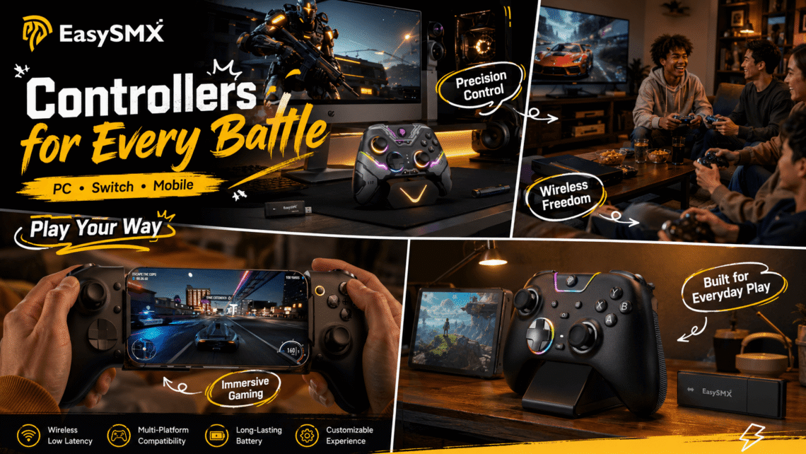 EasySMX gaming controller collection shown across PC, living-room multiplayer, mobile and casual gaming scenarios, featuring wireless low-latency play, multi-platform compatibility, long-lasting battery performance, precision control, and customizable gaming experiences.