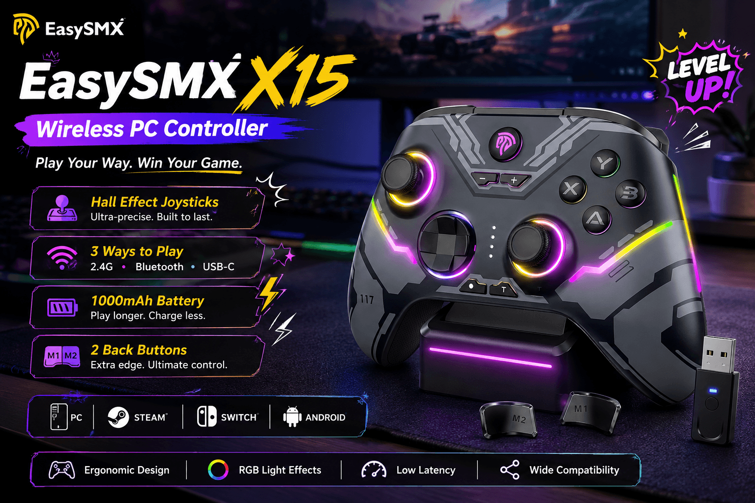 EasySMX X15 wireless PC controller with RGB lighting displayed in a modern gaming setup, featuring Hall Effect joysticks, 2.4G, Bluetooth and USB-C connectivity, a 1000mAh battery, two back buttons, ergonomic design, low latency, and broad device compatibility.