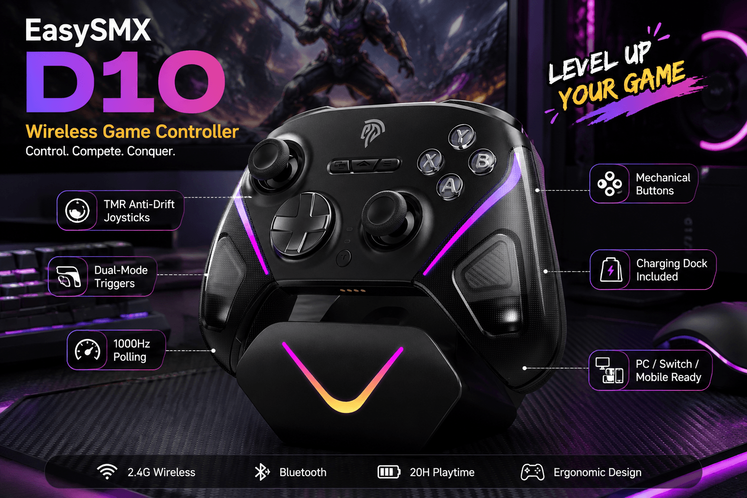 EasySMX D10 wireless game controller and RGB charging dock in a purple-lit gaming setup, highlighting TMR anti-drift joysticks, dual-mode triggers, 1000Hz polling, mechanical buttons, wireless connectivity, ergonomic design, and PC, Switch and mobile compatibility.