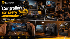 EasySMX gaming controller collection shown across PC, living-room multiplayer, mobile and casual gaming scenarios, featuring wireless low-latency play, multi-platform compatibility, long-lasting battery performance, precision control, and customizable gaming experiences.