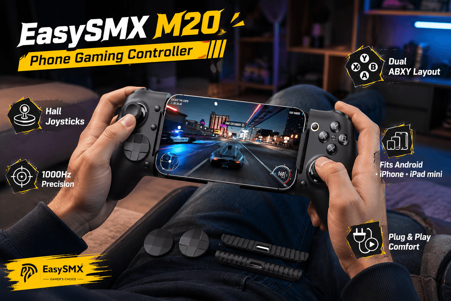 EasySMX M20 phone gaming controller held during a racing game in a cozy home setting, featuring Hall joysticks, 1000Hz precision, dual ABXY layouts, plug-and-play control, and compatibility with Android phones, iPhone and iPad mini.