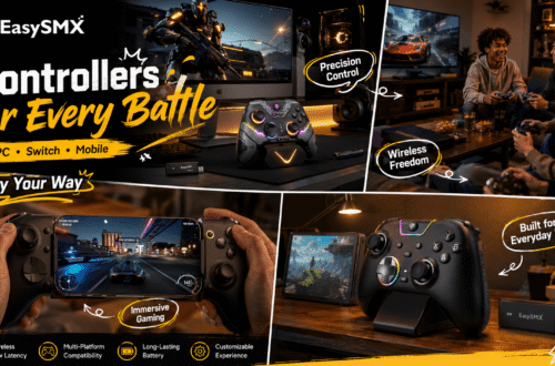 EasySMX gaming controller collection shown across PC, living-room multiplayer, mobile and casual gaming scenarios, featuring wireless low-latency play, multi-platform compatibility, long-lasting battery performance, precision control, and customizable gaming experiences.