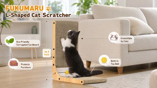 A tuxedo cat stretching and scratching on an 18.9-inch wooden L-shaped FUKUMARU cat scratch pad with a built-in toy ball next to a living room sofa.