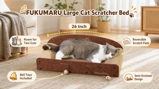 A cat resting comfortably on a 26-inch semi-enclosed FUKUMARU large cat scratcher sofa bed with attached hanging bell balls.