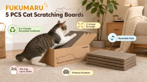 A cat scratching on an ex-large 11.4-inch FUKUMARU 5-piece reversible cardboard cat scratching board system with an organizer box.